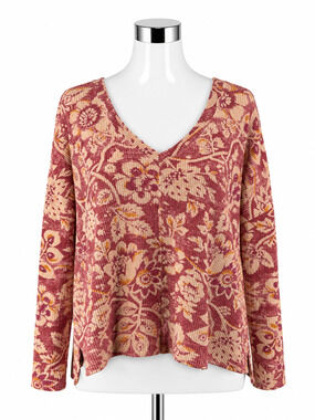 Pilcro by Anthropologie Floral Waffle Knit Thermal Top Size Medium Rust Maroon